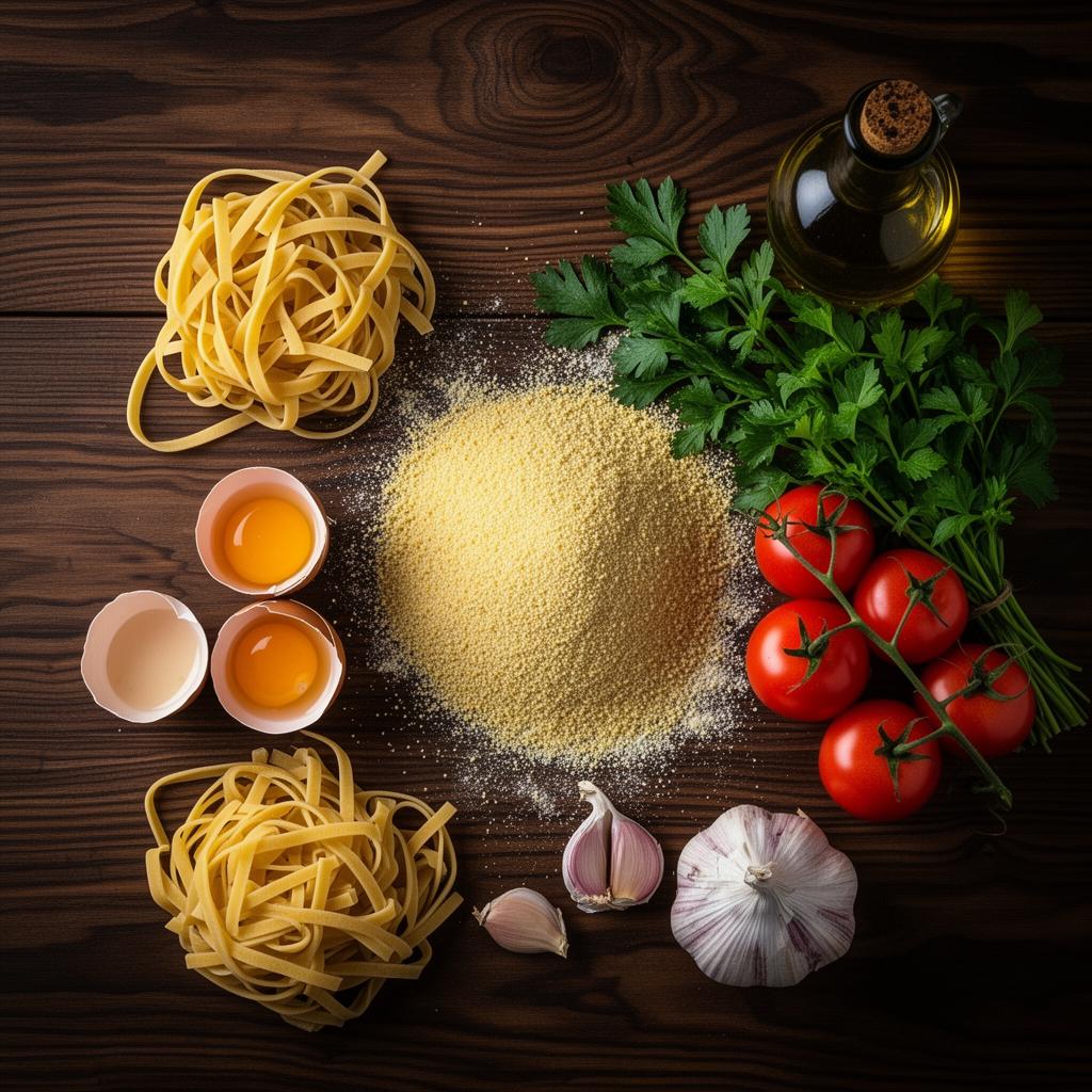 Frische Pasta-Zutaten: Eier, Mehl, Tomaten und Kräuter